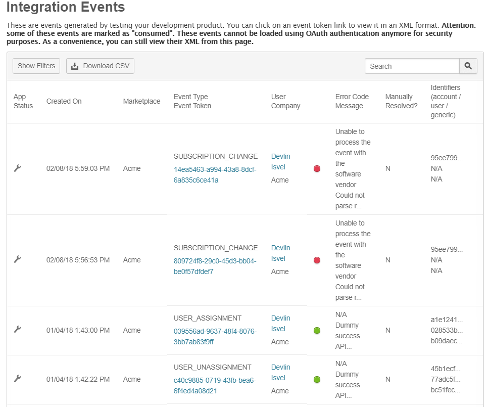 Integration events log in test environment