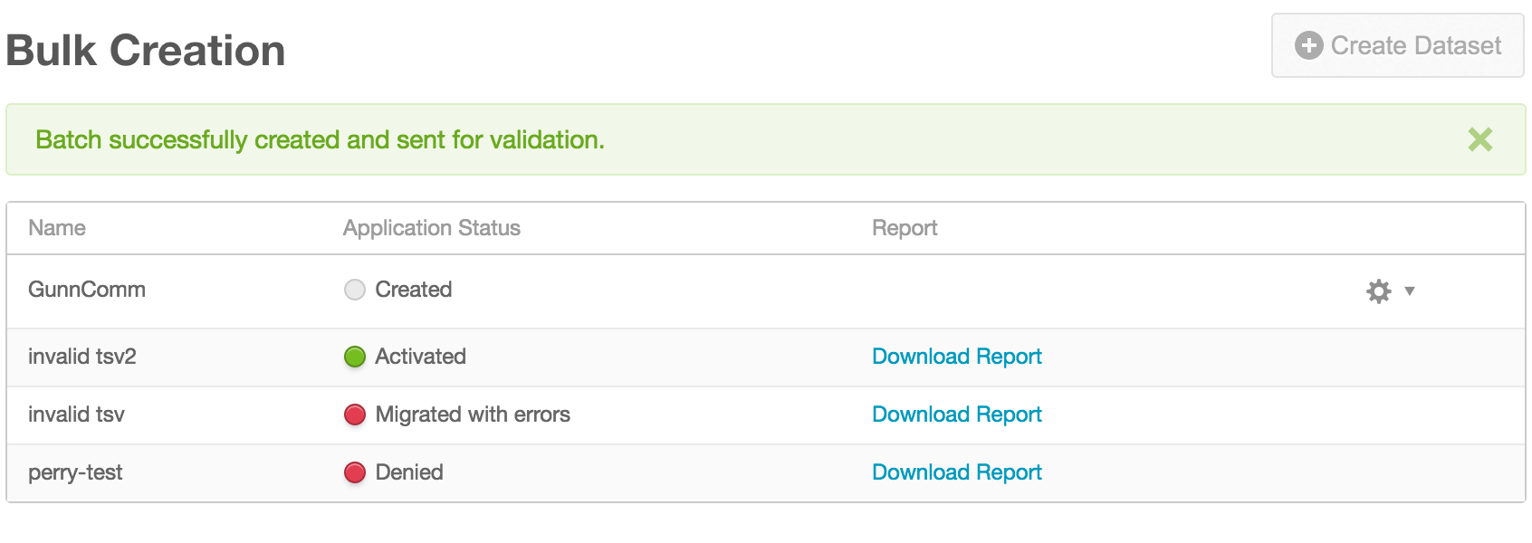 Dataset table on the Bulk Creation page