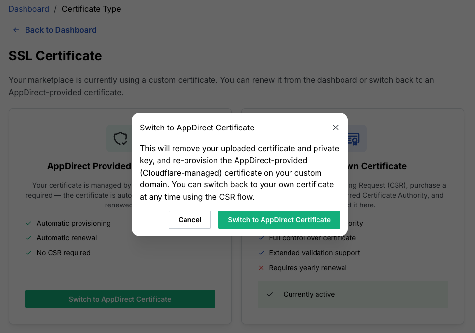Confirm switch to AppDirect-provided certificate