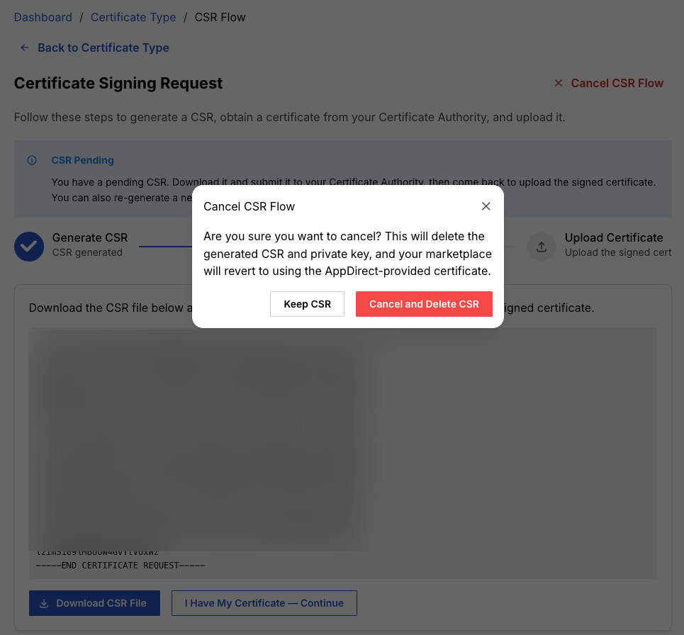 Cancel CSR flow confirmation
