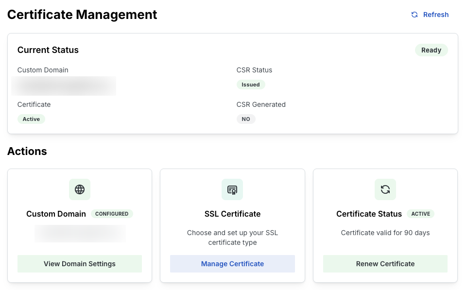 Certificate Management dashboard with bring-your-own certificate