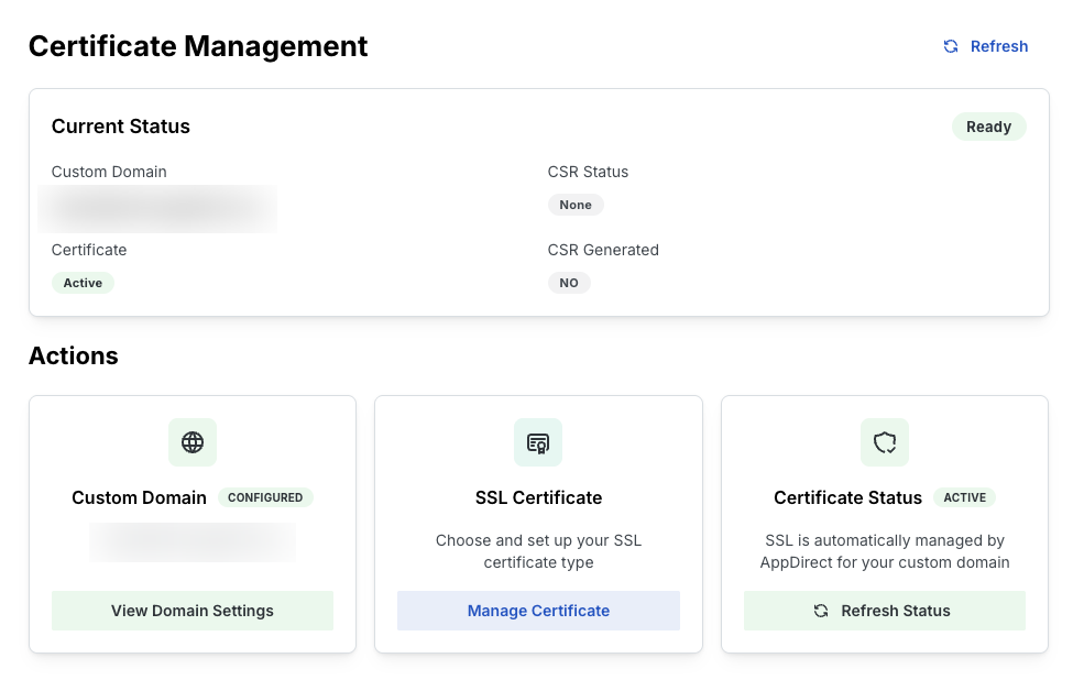 Certificate Management dashboard with custom domain configured