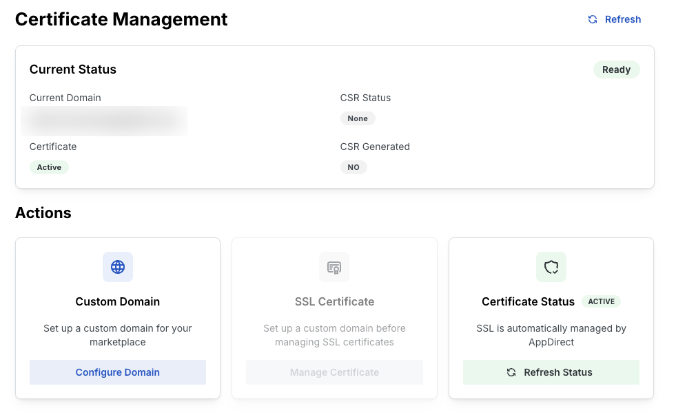 Certificate Management dashboard before custom domain setup