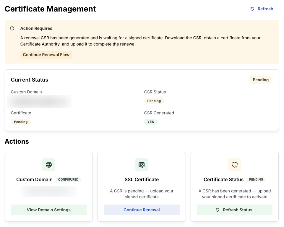 Certificate Management dashboard with renewal in progress