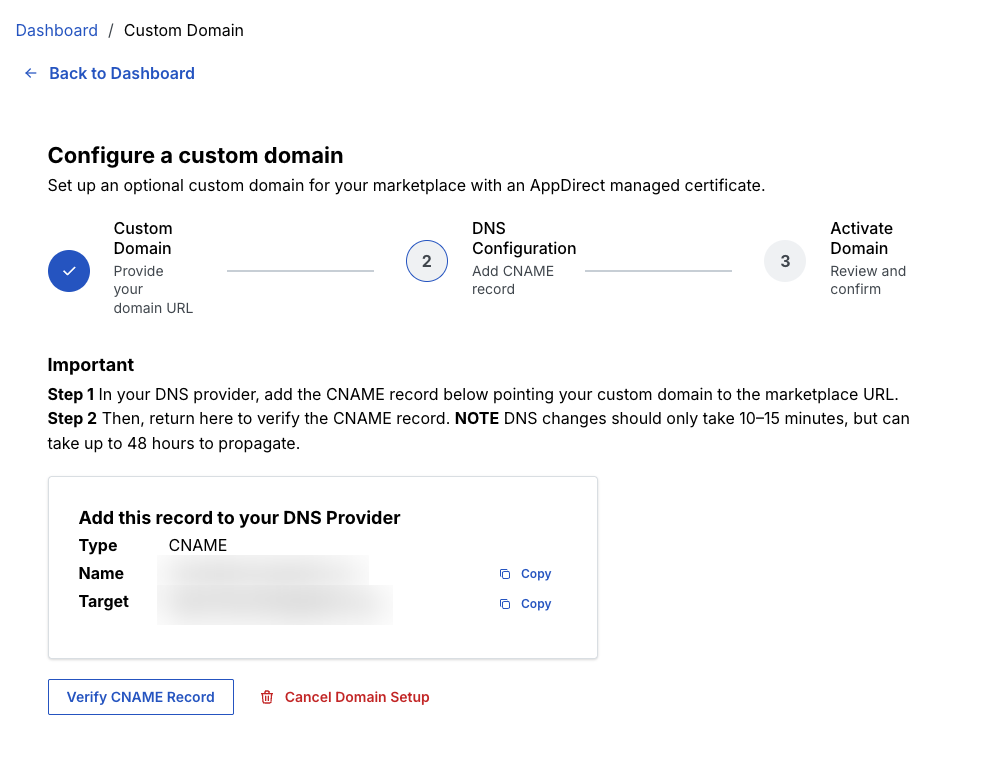 Add a CNAME record in your DNS provider