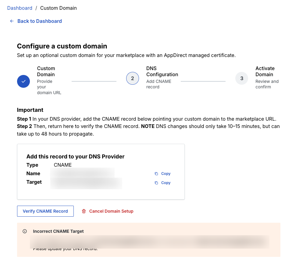 Incorrect CNAME target error