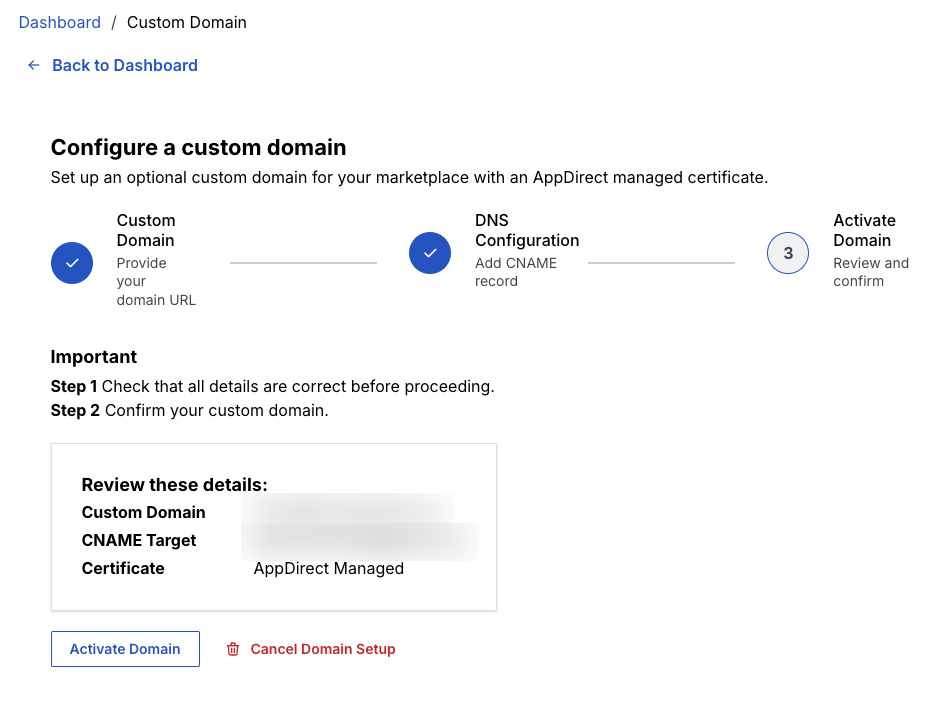 Review domain details before activation