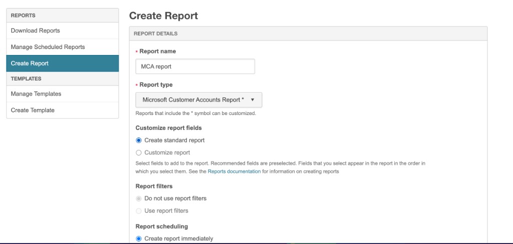Create Report page with Report type set to Microsoft Customer Accounts Report