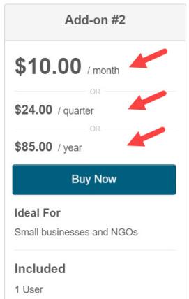 Tiered add-on pricing (month, quarter, or year)